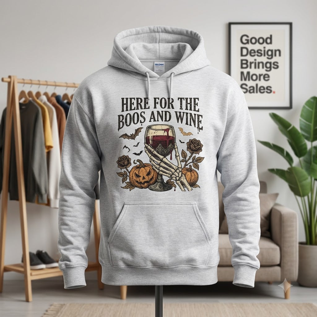 Here For The Boos And Wine Halloween Hoodie - Vintage Spooky Wine Lover Graphic Sweatshirt
