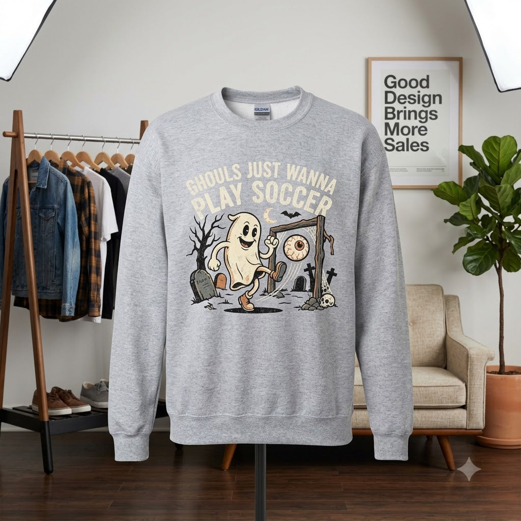 Ghouls Just Wanna Play Soccer Halloween Hoodie - 1930s Rubber Hose Ghost Athlete Graphic Sweatshirt