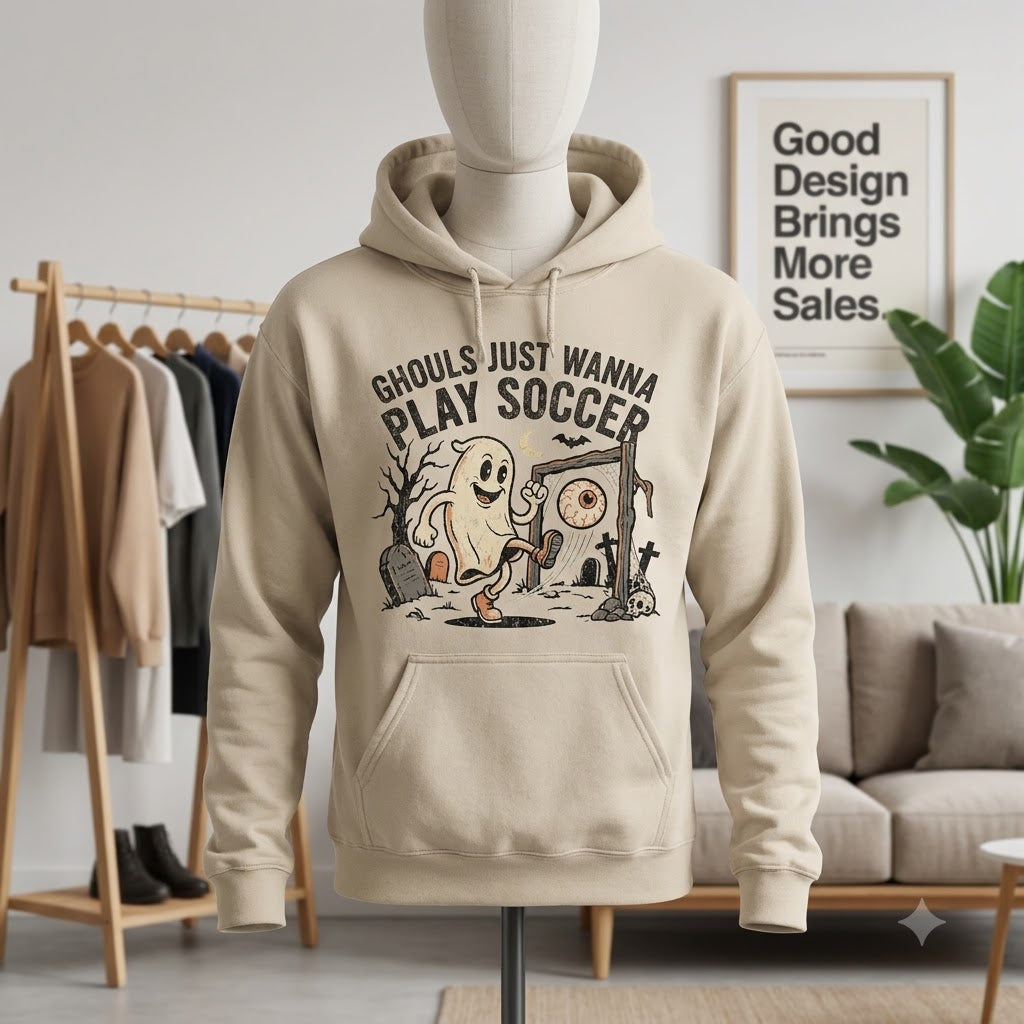 Ghouls Just Wanna Play Soccer Halloween Hoodie - 1930s Rubber Hose Ghost Athlete Graphic Sweatshirt