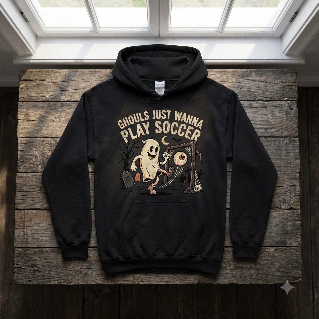 Ghouls Just Wanna Play Soccer Halloween Hoodie - 1930s Rubber Hose Ghost Athlete Graphic Sweatshirt