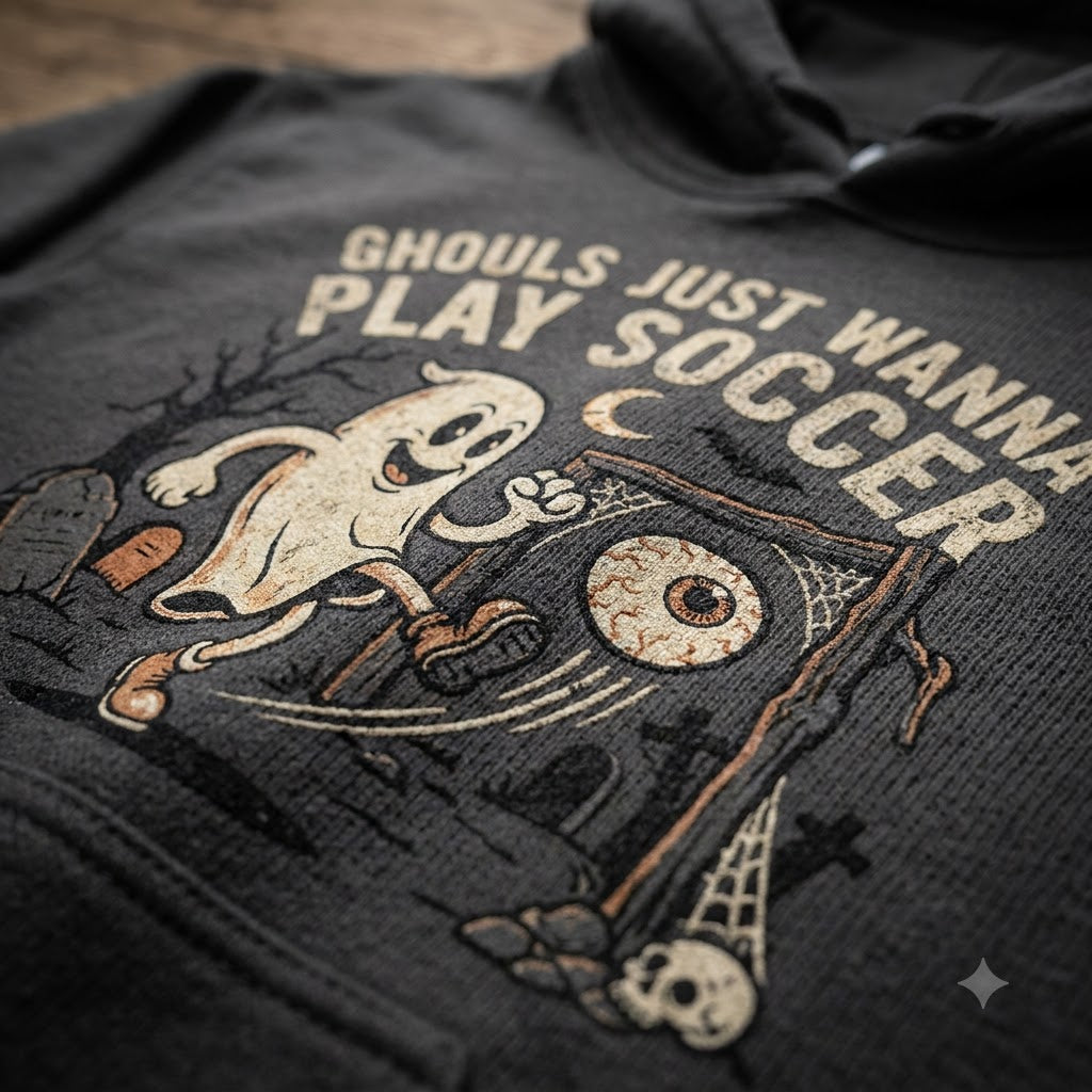 Ghouls Just Wanna Play Soccer Halloween Hoodie - 1930s Rubber Hose Ghost Athlete Graphic Sweatshirt