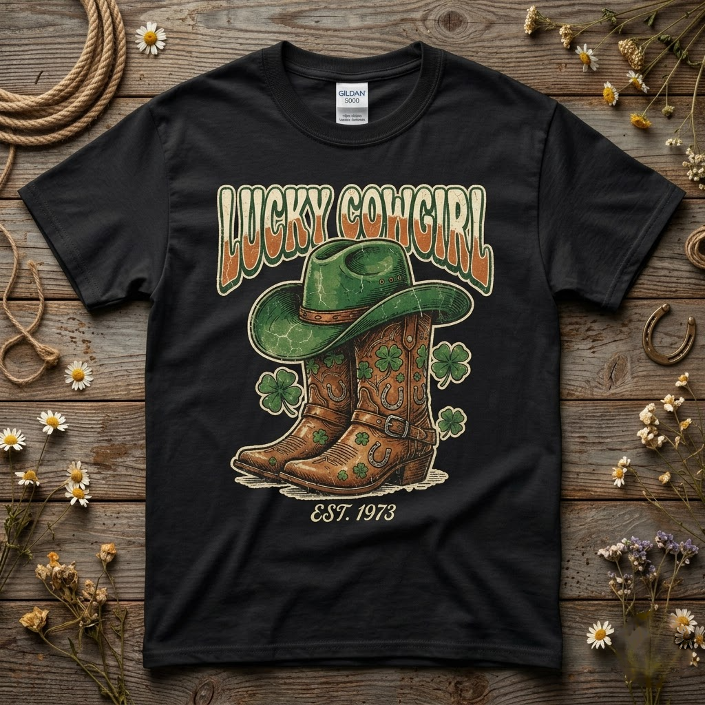 Lucky Cowgirl Retro Western St Patricks Day Gift (T-Shirt, Sweatshirt, Hoodie)