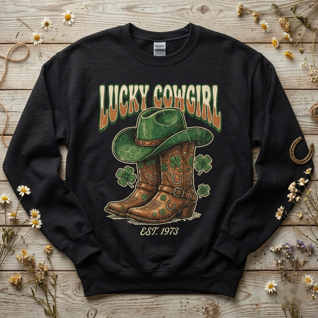 Lucky Cowgirl Retro Western St Patricks Day Gift (T-Shirt, Sweatshirt, Hoodie)