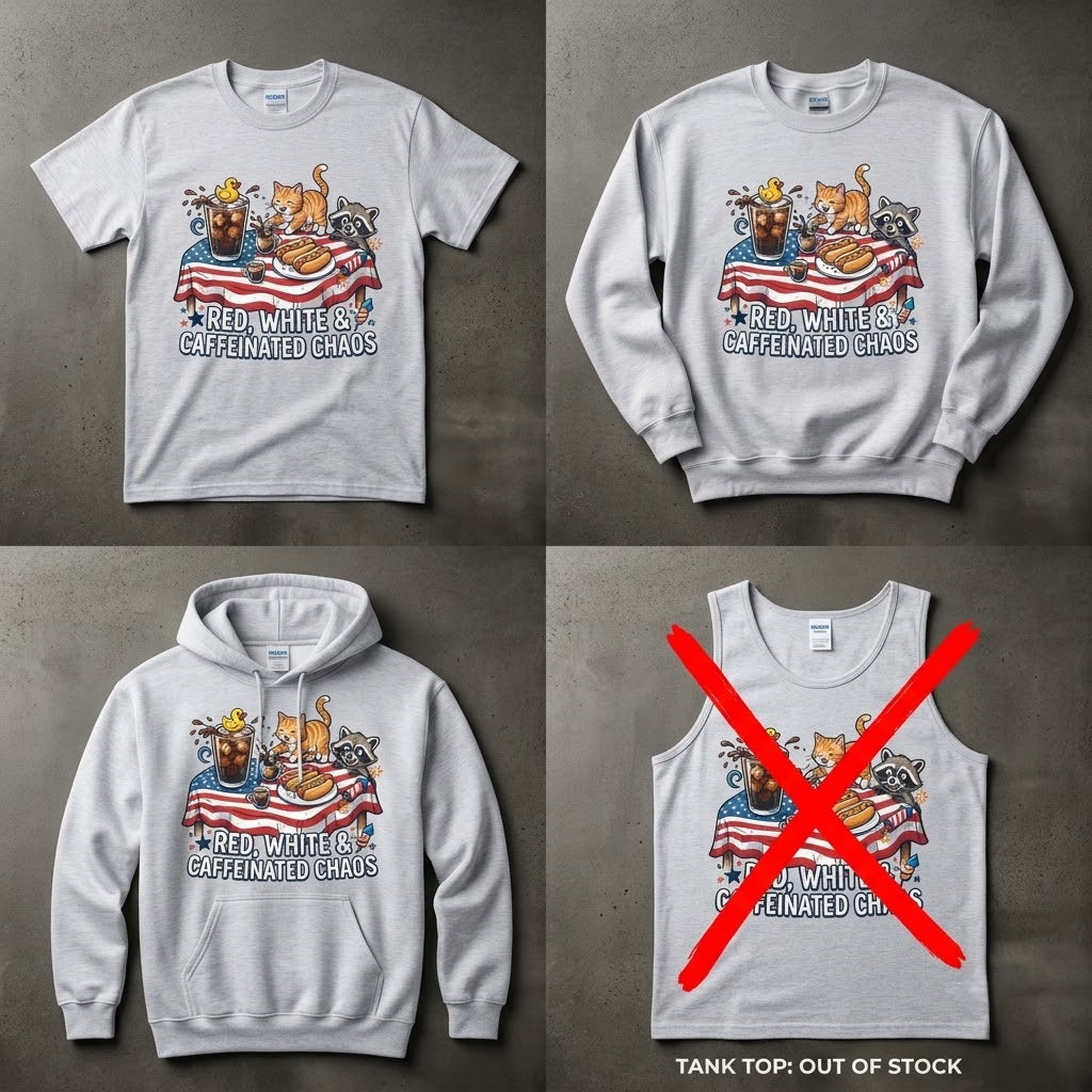 Red White And Caffeinated Chaos Funny Patriotic Shirt – T-Shirt, Sweatshirt, Hoodie