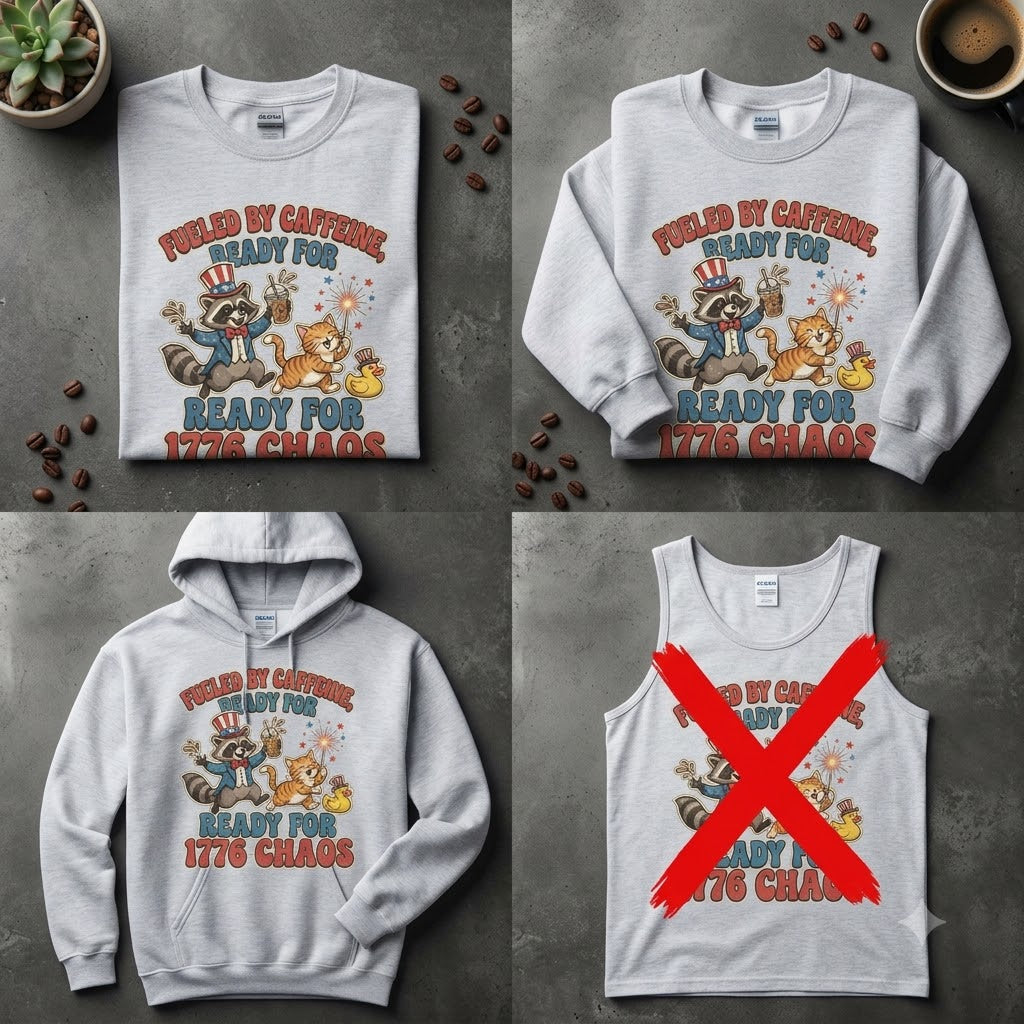 Fueled By Caffeine Ready For 1776 Chaos Funny 4th Of July Gift (T-Shirt, Sweatshirt, Hoodie)