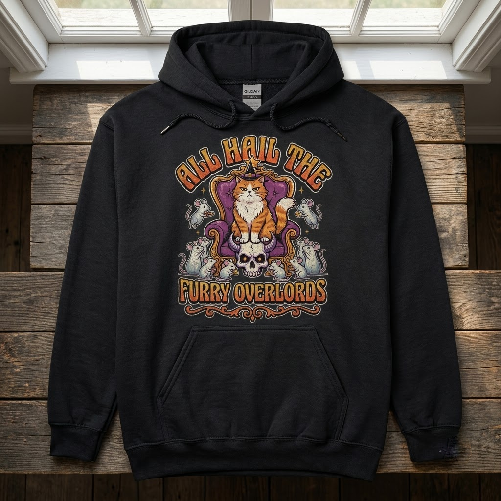 All Hail The Furry Overlords Cat Halloween Hoodie - Retro 70s Majestic Pet Owner Graphic Sweatshirt