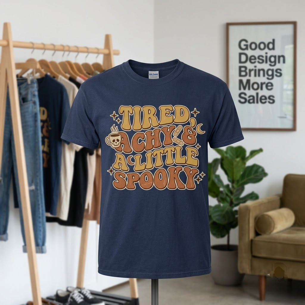 Tired Achy And A Little Spooky Halloween Hoodie - Retro 70s Wavy Fall Coffee Graphic Sweatshirt