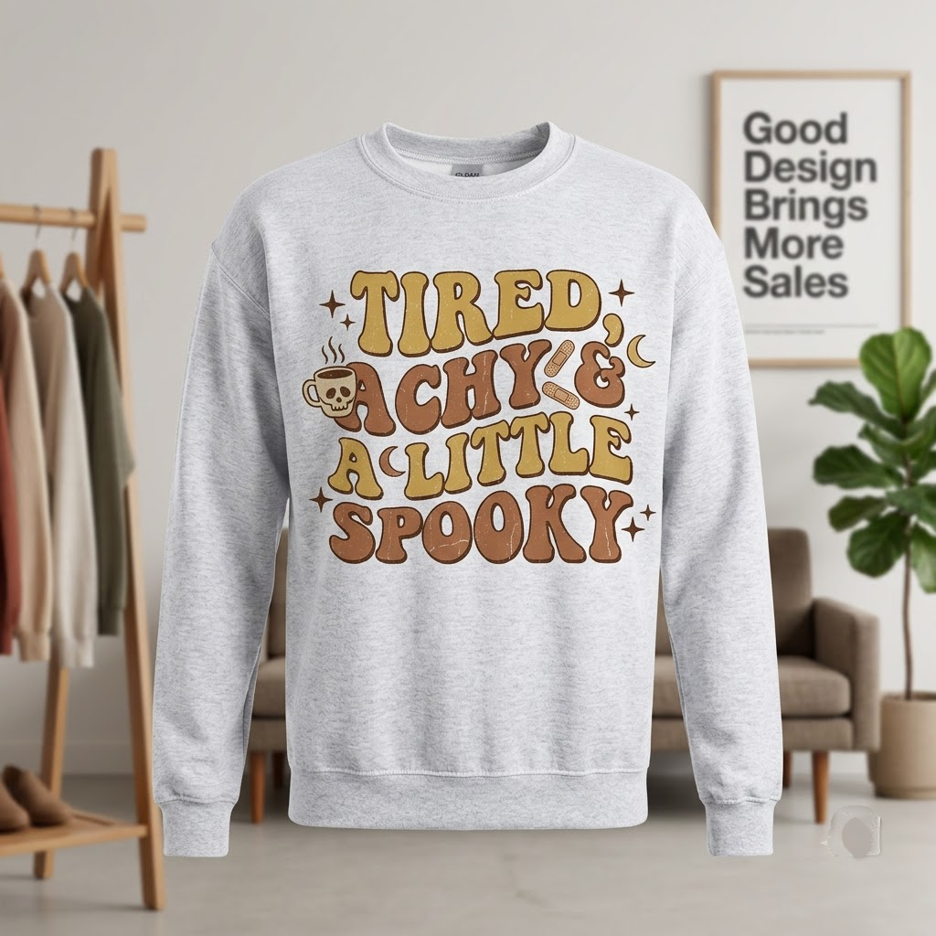 Tired Achy And A Little Spooky Halloween Hoodie - Retro 70s Wavy Fall Coffee Graphic Sweatshirt