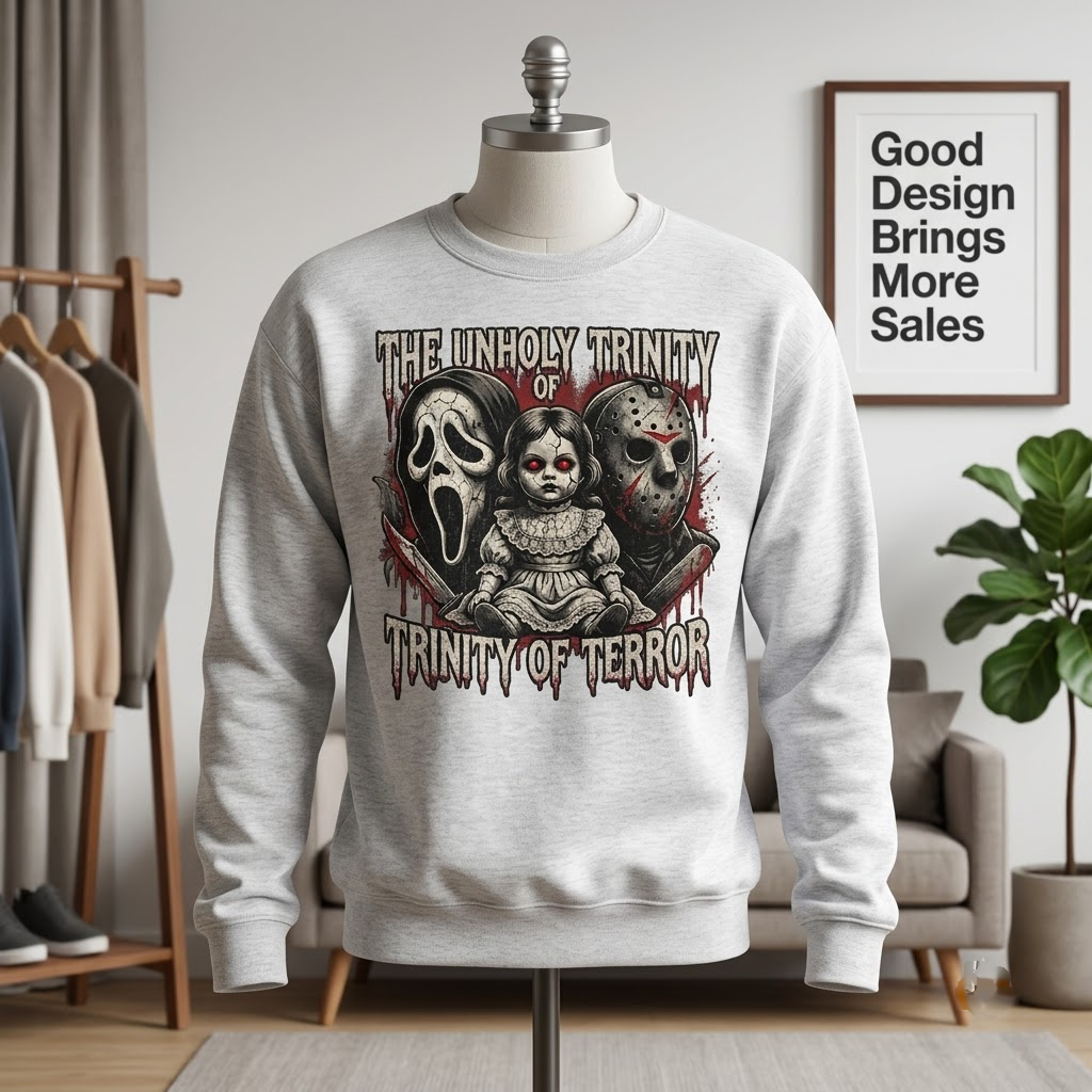The Unholy Trinity Of Terror Ghostface Hockey Mask Haunted Doll Hoodie - 90s Retro Slasher Horror Graphic Sweatshirt