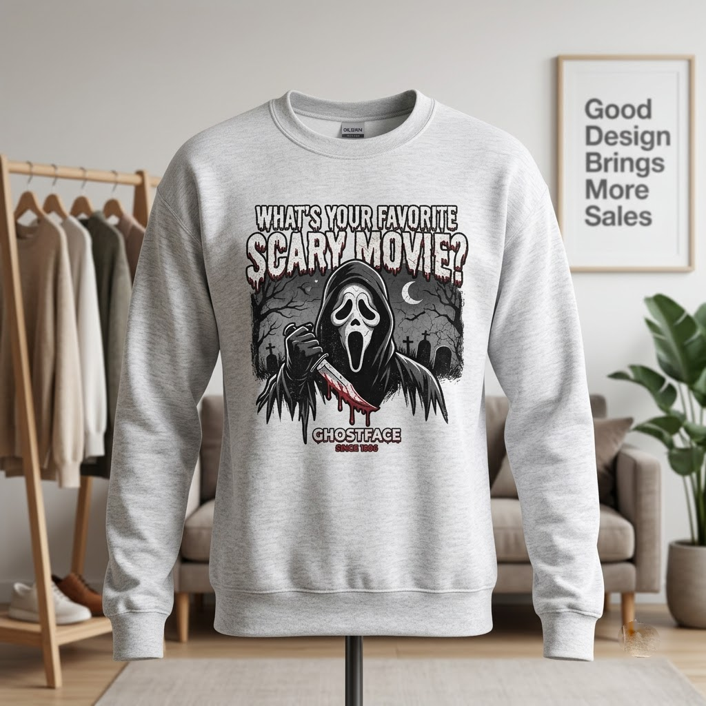 Whats Your Favorite Scary Movie Ghostface Hoodie - 90s Retro Slasher Horror Mask Graphic Sweatshirt