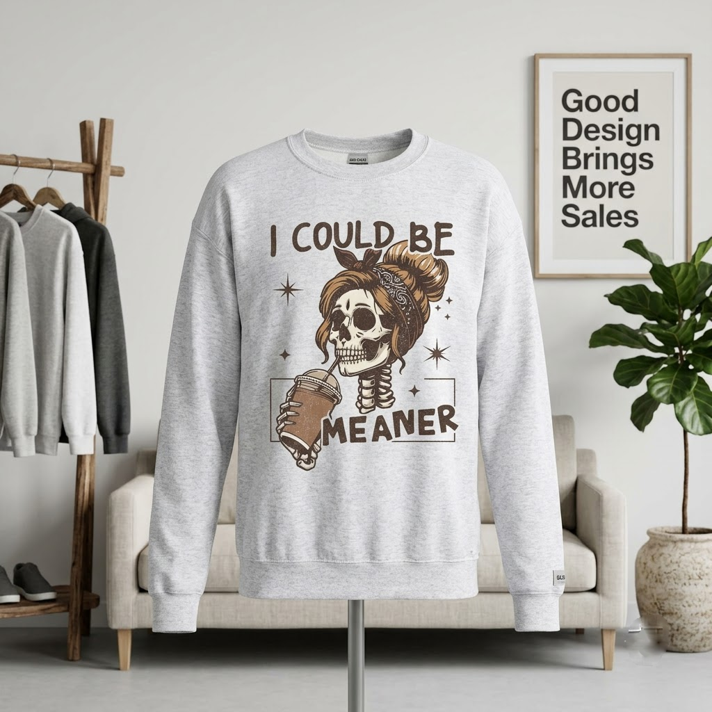 I Could Be Meaner Skeleton Messy Bun Iced Coffee - Sarcastic T-Shirt, Sweatshirt, Hoodie