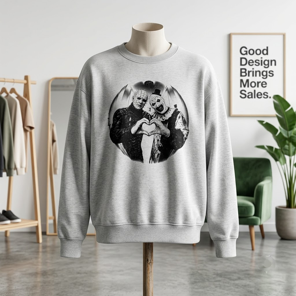 Pinhead & Art The Clown Heart Hands Horror Mashup - Funny Halloween T-Shirt, Sweatshirt, Hoodie