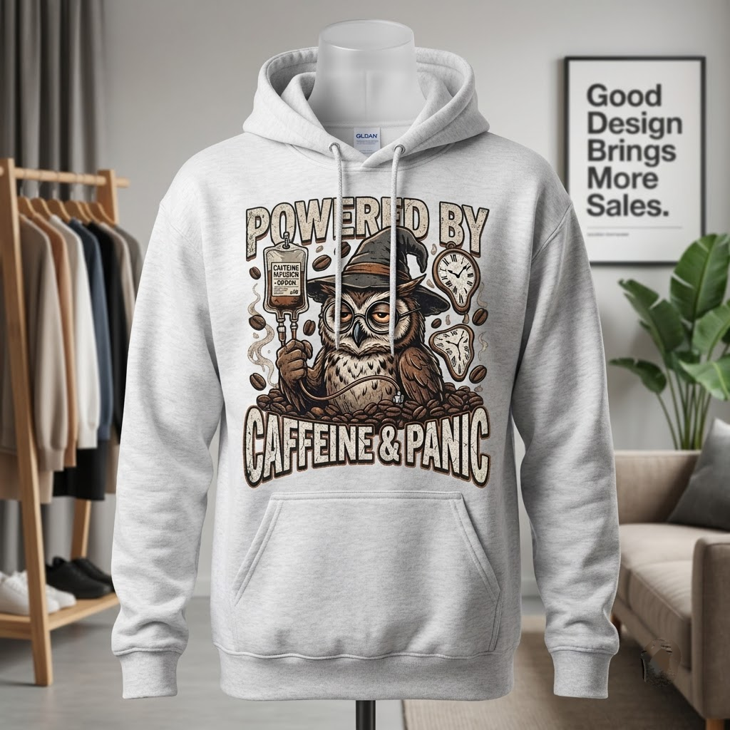 Powered By Caffeine And Panic Halloween Hoodie - Retro Night Owl Coffee Gothic Graphic Sweatshirt