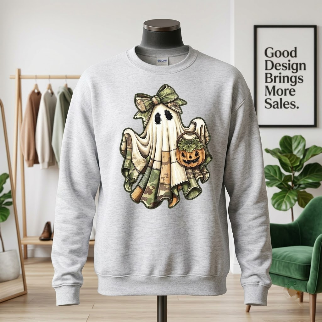 Cute Coquette Ghost with Camo Bow & Pumpkin - Retro Halloween T-Shirt, Sweatshirt, Hoodie