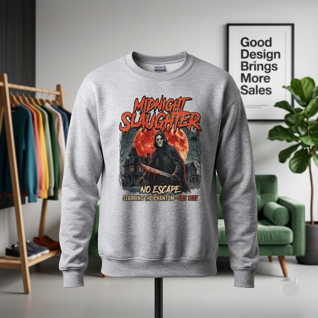 Midnight Slaughter 80s Slasher Horror Movie Poster Halloween Hoodie - Retro Masked Killer Graphic Sweatshirt