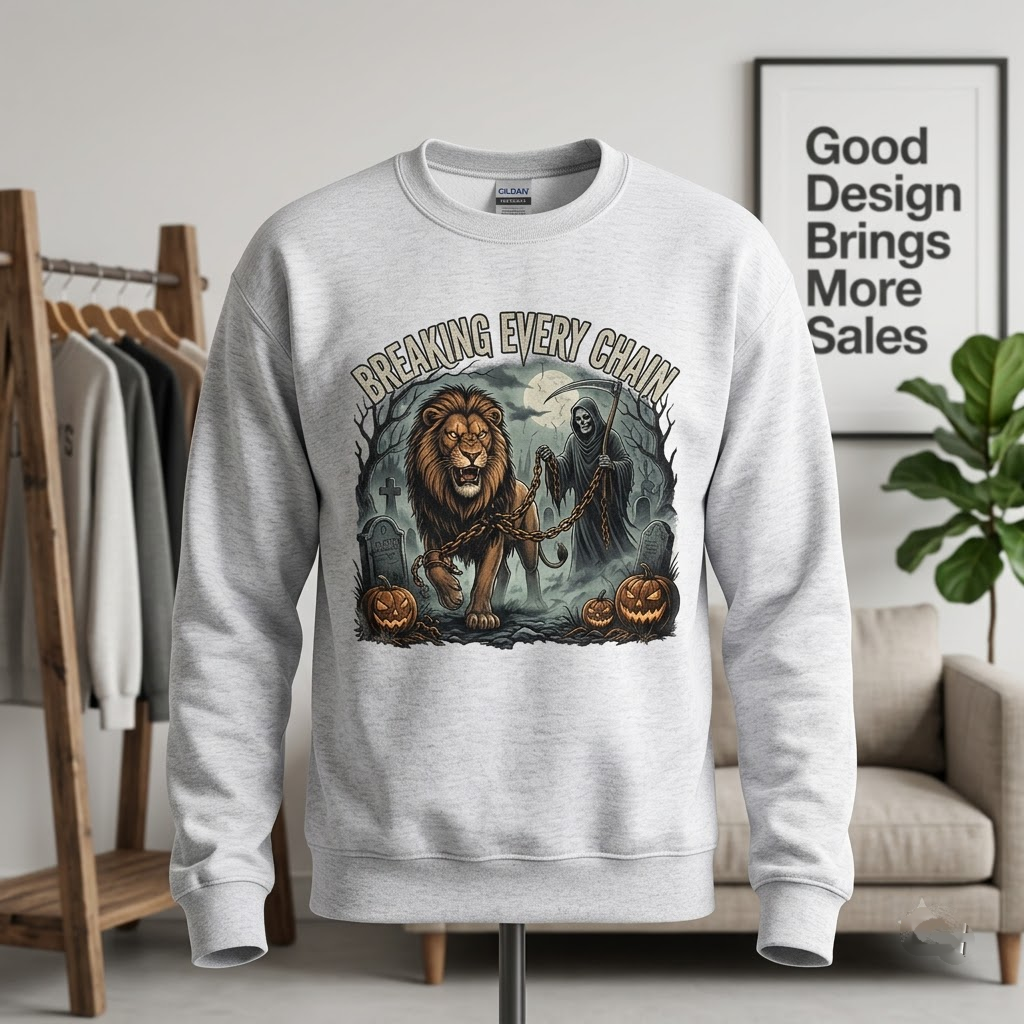 Breaking Every Chain Lion Of Judah Halloween Hoodie - Vintage Horror Lion Vs Grim Reaper Graphic Sweatshirt