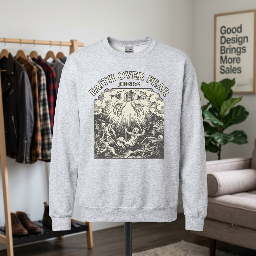 Faith Over Fear Jesus Halloween Hoodie - Medieval Dark Woodcut Christian Light Vs Demons Horror Graphic Sweatshirt