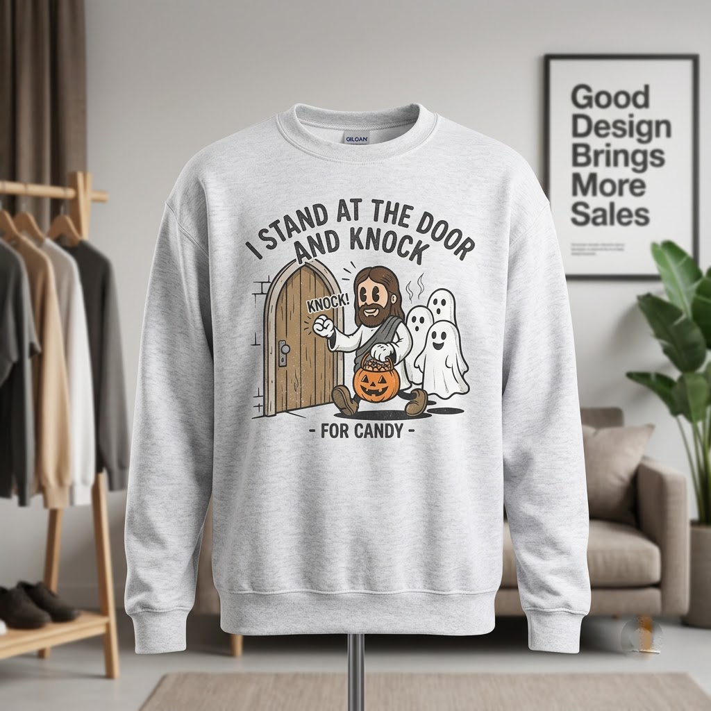 I Stand At The Door And Knock Funny Jesus Halloween Hoodie - Retro Cartoon Christian Candy Parody Graphic Sweatshirt