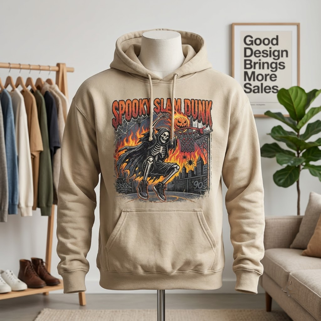 Spooky Slam Dunk Grim Reaper Basketball Halloween Hoodie - Retro Streetball Pumpkin Graphic Sweatshirt