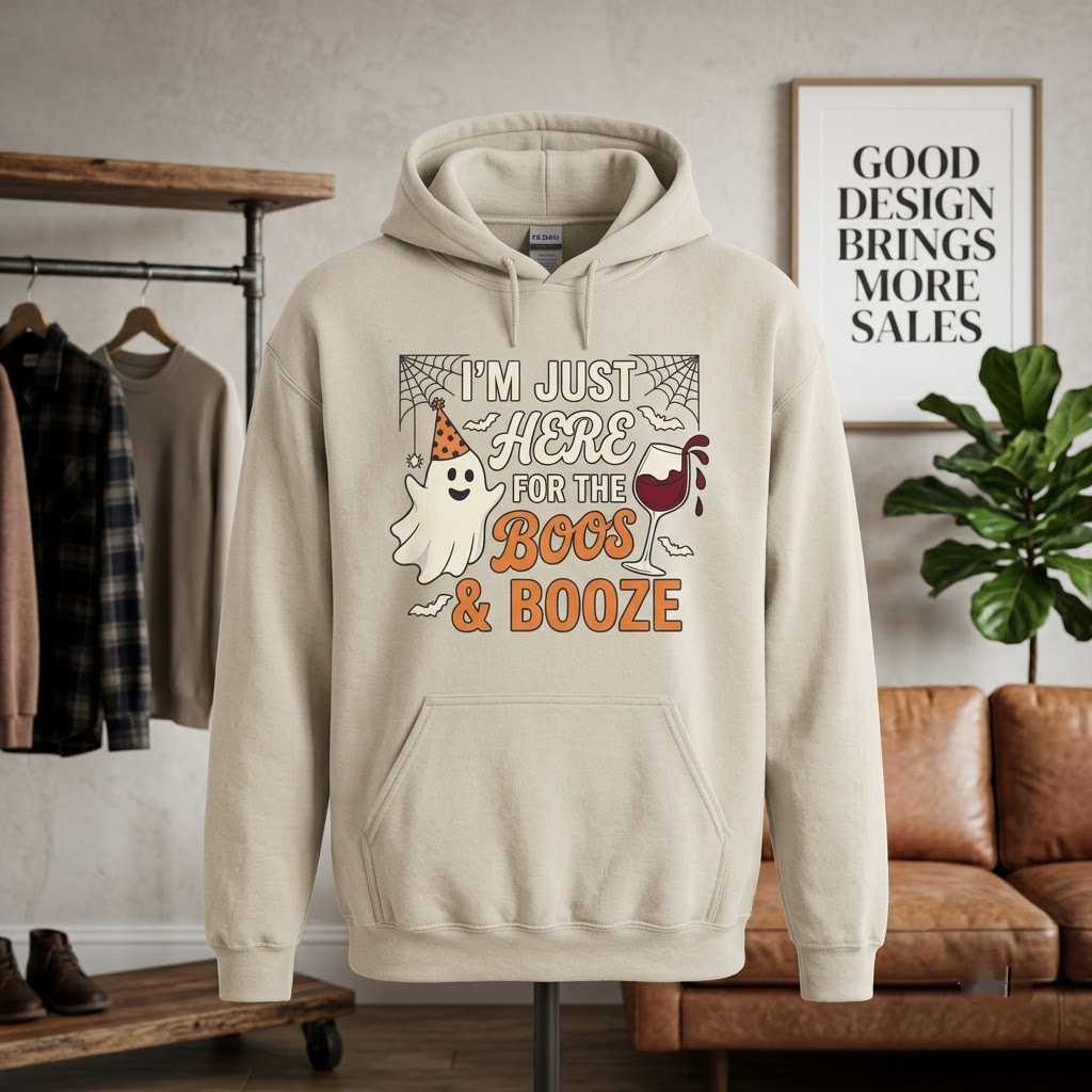 Here For The Boos And Booze Halloween Hoodie - Vintage Retro Wine Lover Party Graphic Sweatshirt