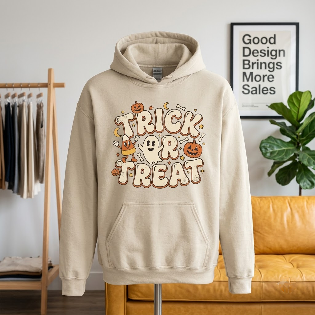 Vintage Collegiate Trick Or Treat Halloween Hoodie - Retro Athletic Varsity Spooky Icons Graphic Sweatshirt