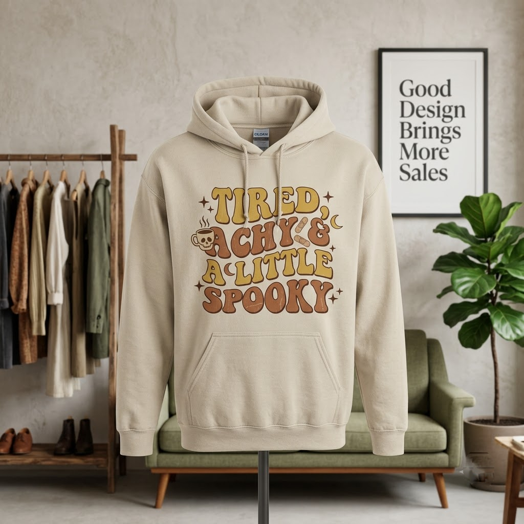 Tired Achy And A Little Spooky Halloween Hoodie - Retro 70s Wavy Fall Coffee Graphic Sweatshirt