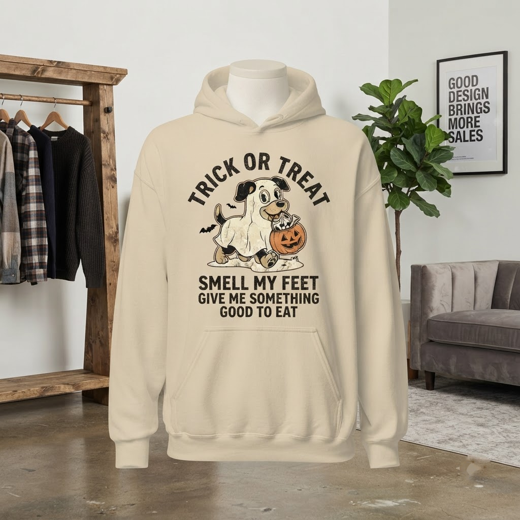 Trick Or Treat Give Me Bones Ghost Dog Halloween Hoodie - Vintage Rubber Hose Dog Mom Graphic Sweatshirt