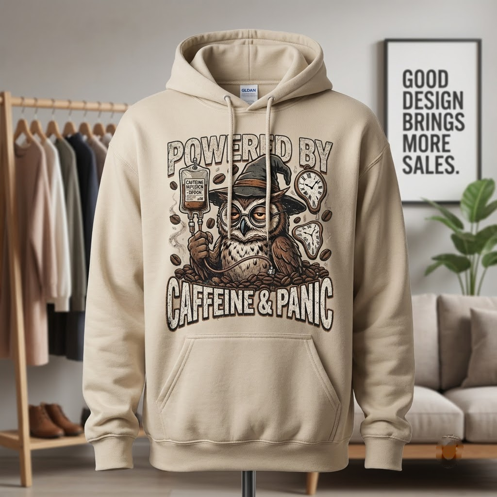Powered By Caffeine And Panic Halloween Hoodie - Retro Night Owl Coffee Gothic Graphic Sweatshirt