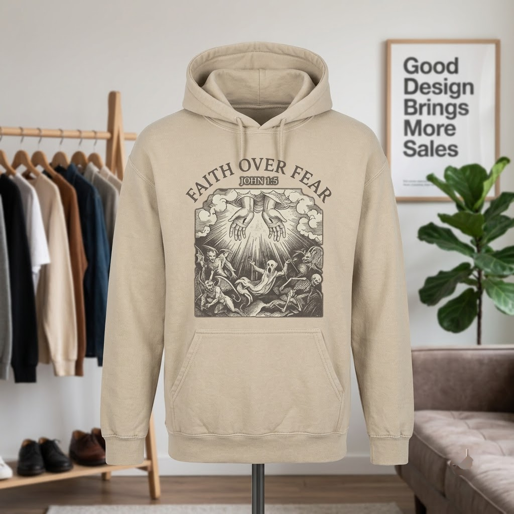 Faith Over Fear Jesus Halloween Hoodie - Medieval Dark Woodcut Christian Light Vs Demons Horror Graphic Sweatshirt