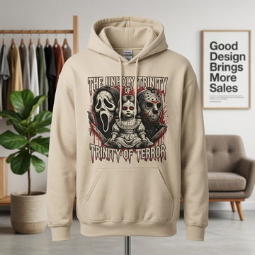 The Unholy Trinity Of Terror Ghostface Hockey Mask Haunted Doll Hoodie - 90s Retro Slasher Horror Graphic Sweatshirt