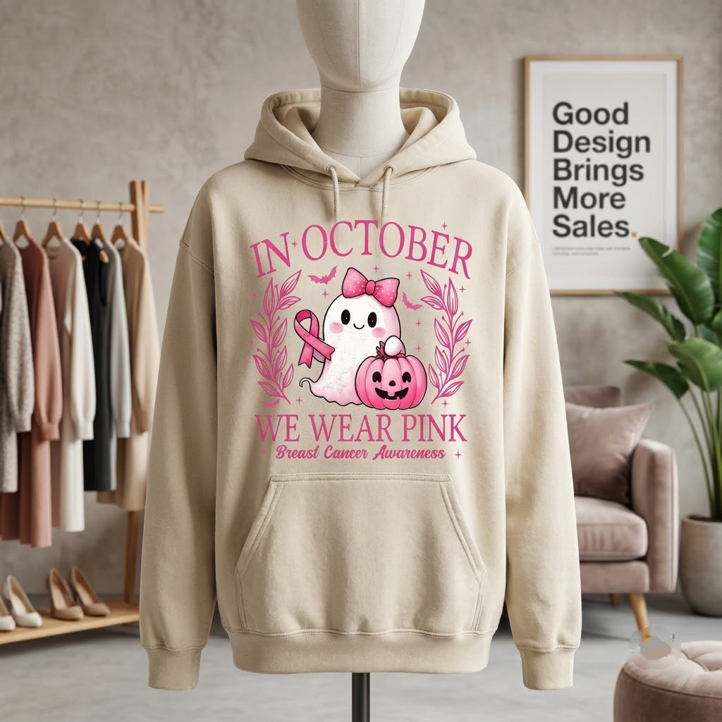 Pink Ribbon Ghost Halloween Shirt, In October We Wear Pink Sweatshirt, Cancer Warrior Support Hoodie