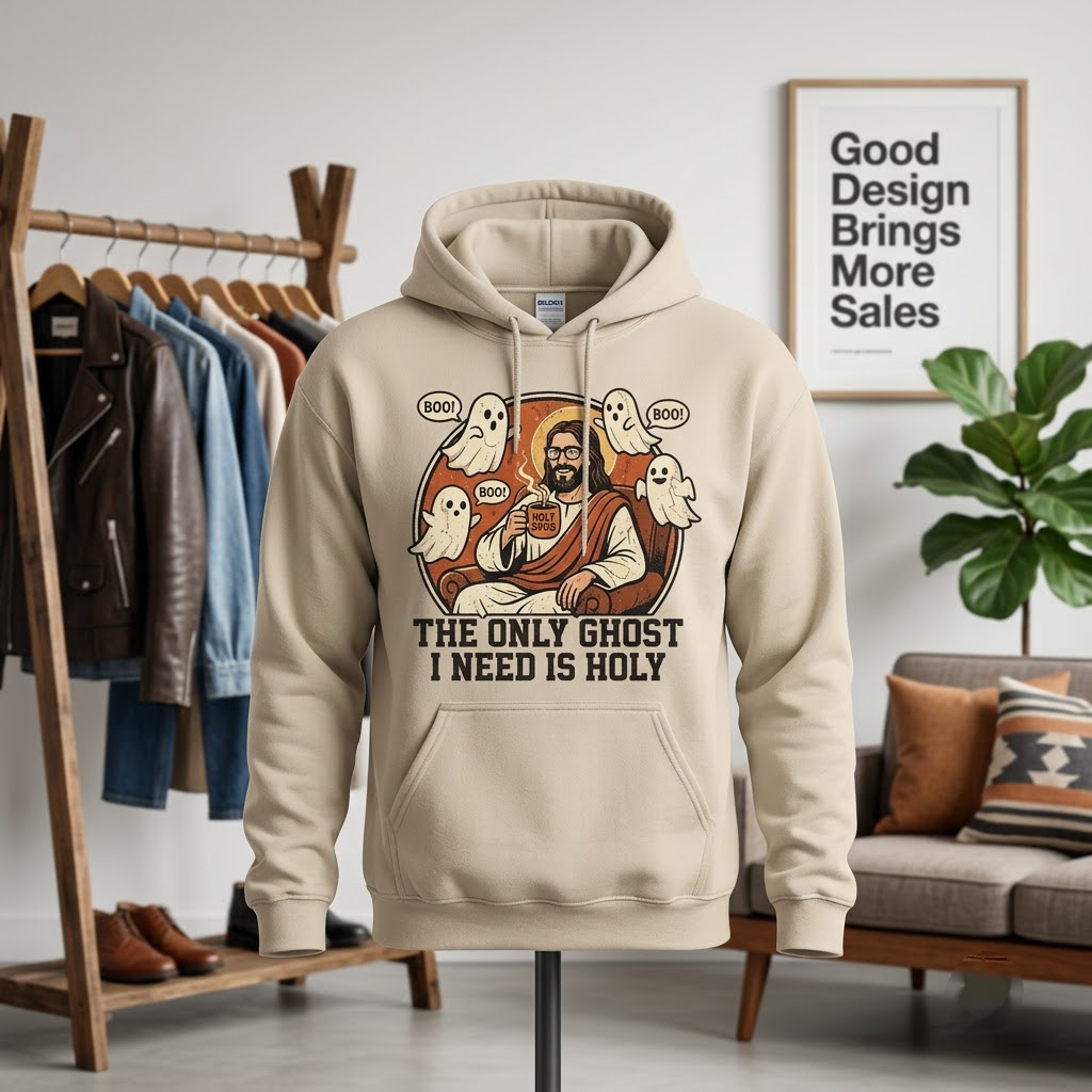 The Only Ghost I Need Is Holy Funny Jesus Halloween Hoodie - 90s Retro Christian Humor Parody Graphic Sweatshirt