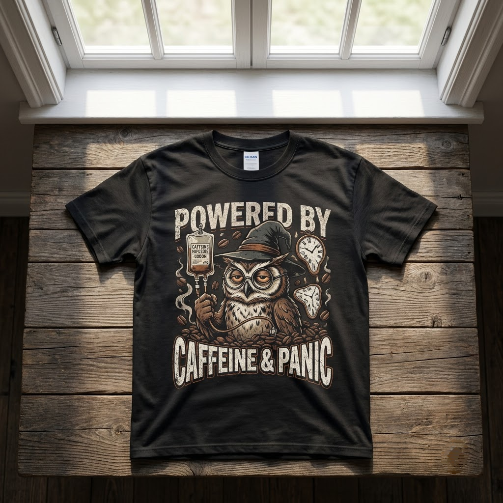 Powered By Caffeine And Panic Halloween Hoodie - Retro Night Owl Coffee Gothic Graphic Sweatshirt