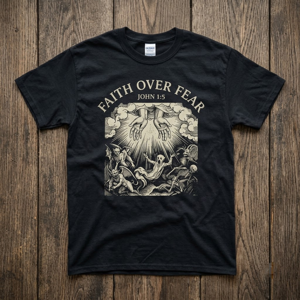 Faith Over Fear Jesus Halloween Hoodie - Medieval Dark Woodcut Christian Light Vs Demons Horror Graphic Sweatshirt
