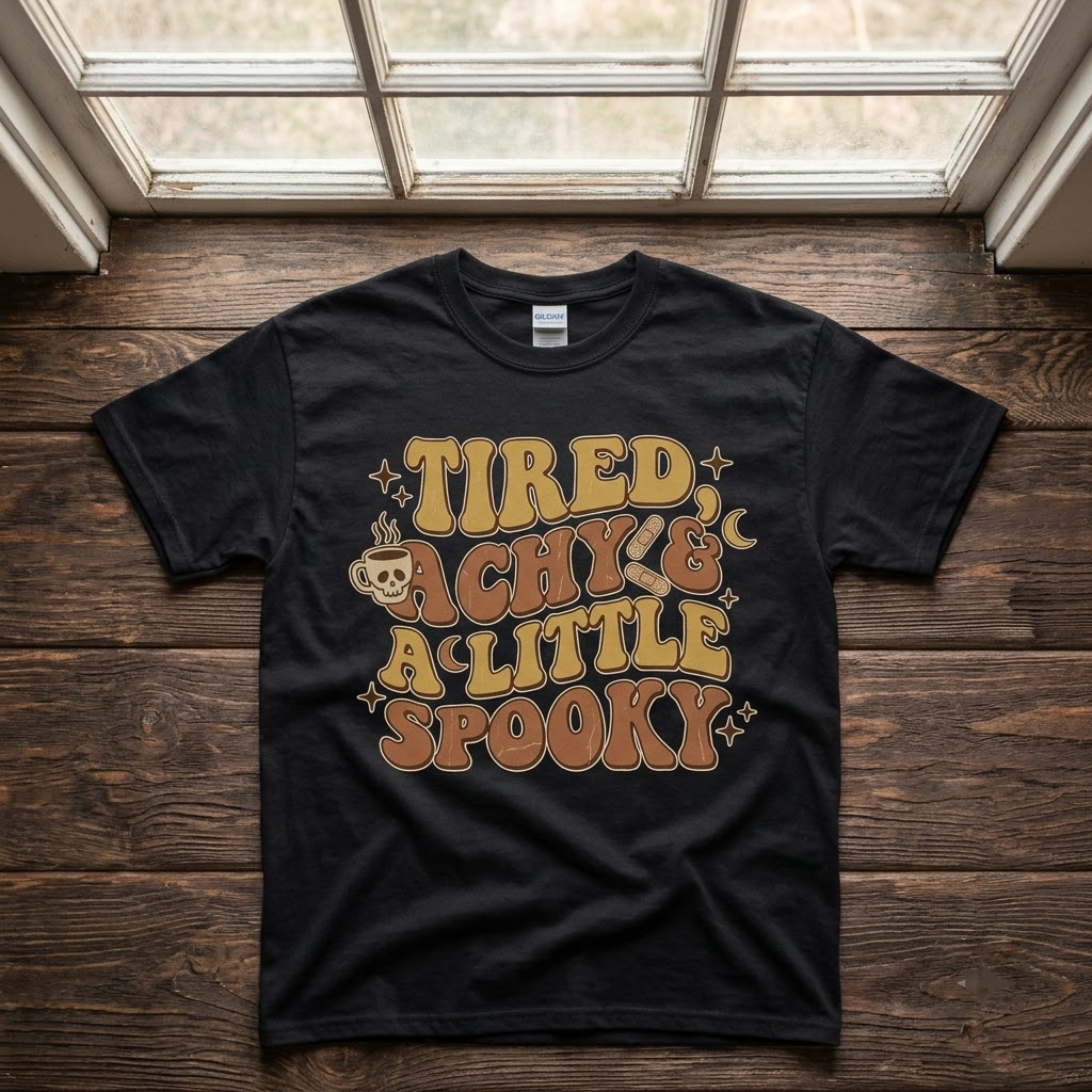 Tired Achy And A Little Spooky Halloween Hoodie - Retro 70s Wavy Fall Coffee Graphic Sweatshirt