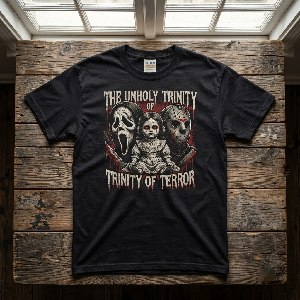 The Unholy Trinity Of Terror Ghostface Hockey Mask Haunted Doll Hoodie - 90s Retro Slasher Horror Graphic Sweatshirt