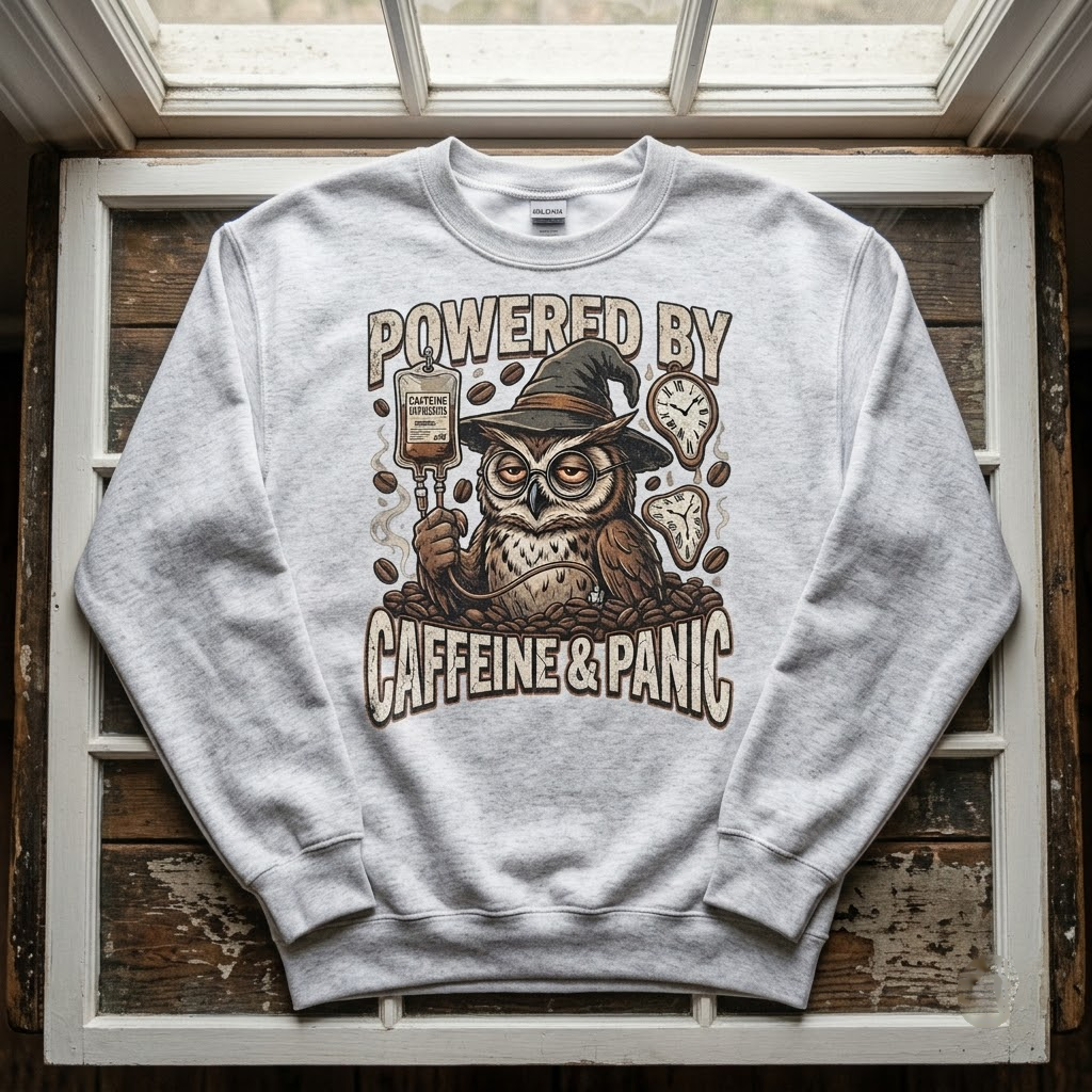 Powered By Caffeine And Panic Halloween Hoodie - Retro Night Owl Coffee Gothic Graphic Sweatshirt