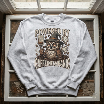 Powered By Caffeine And Panic Halloween Hoodie - Retro Night Owl Coffee Gothic Graphic Sweatshirt