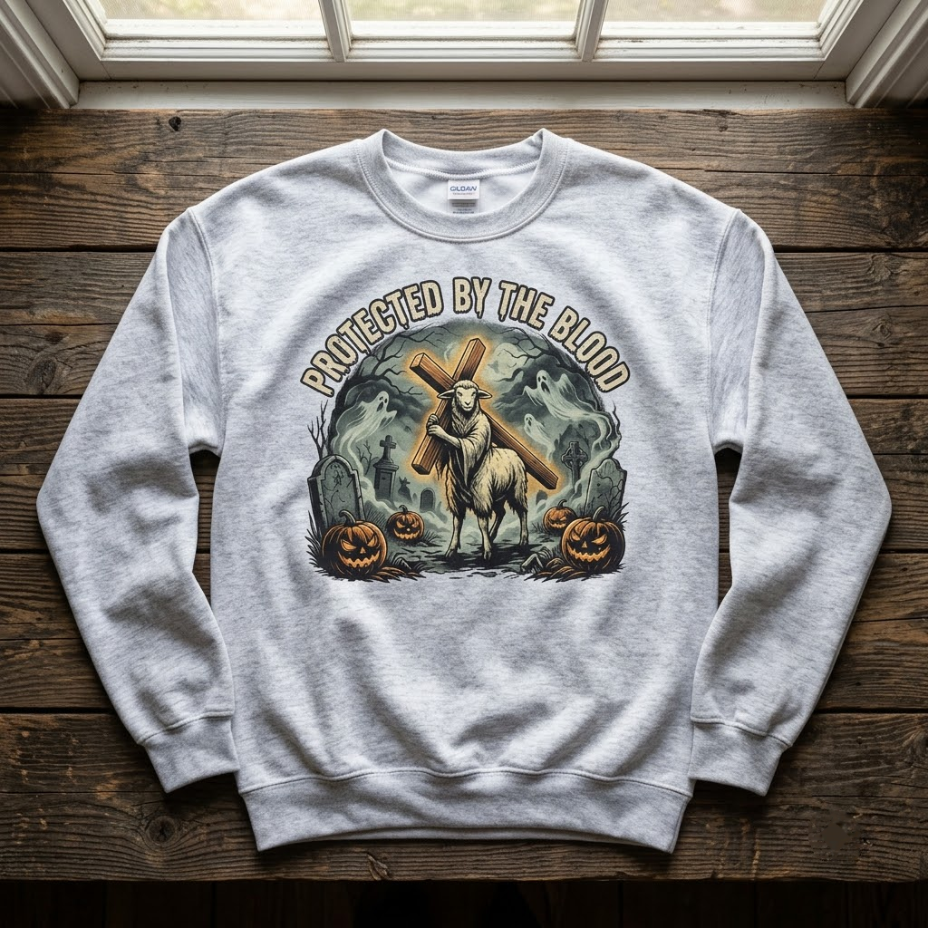 Protected By The Blood Lamb Of God Halloween Hoodie - 70s Dark Folk Horror Christian Spooky Graphic Sweatshirt