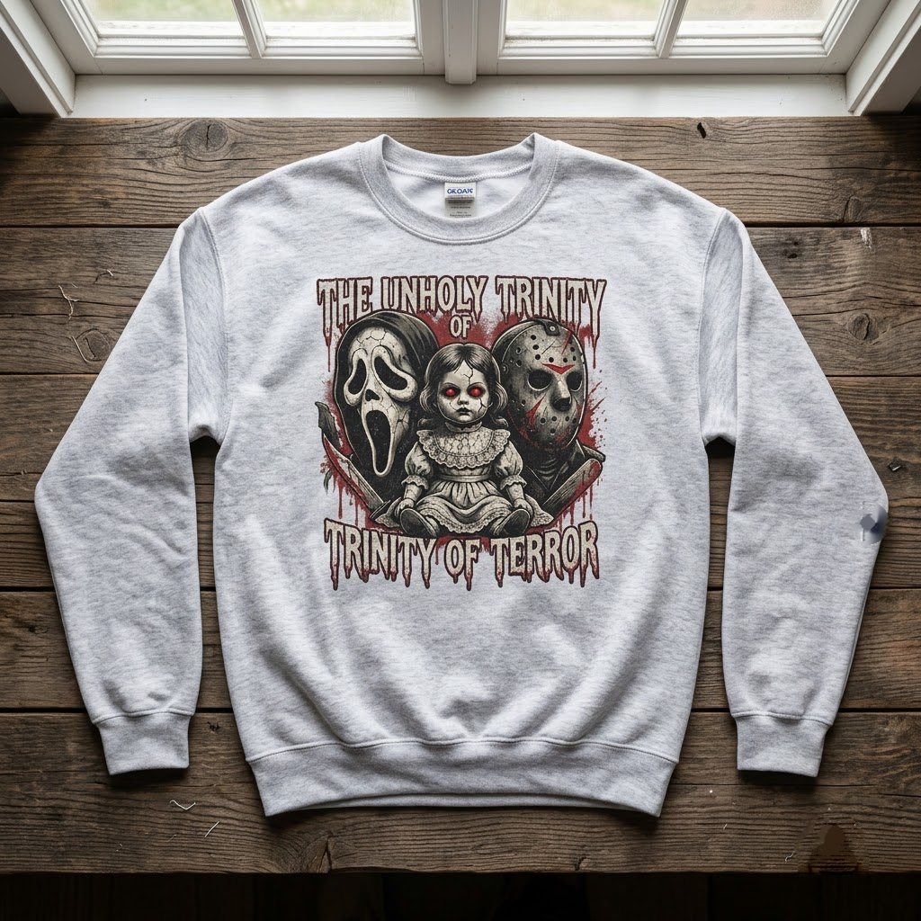 The Unholy Trinity Of Terror Ghostface Hockey Mask Haunted Doll Hoodie - 90s Retro Slasher Horror Graphic Sweatshirt