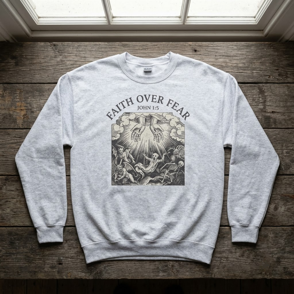Faith Over Fear Jesus Halloween Hoodie - Medieval Dark Woodcut Christian Light Vs Demons Horror Graphic Sweatshirt