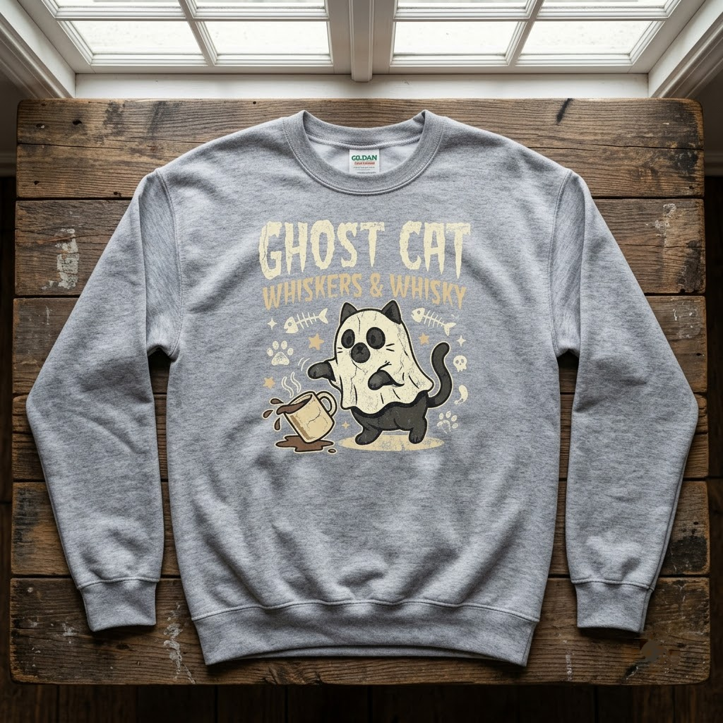 Ghost Cat Whiskers And Whisky Halloween Hoodie - Retro Cute Spooky Pet Lover Graphic Sweatshirt