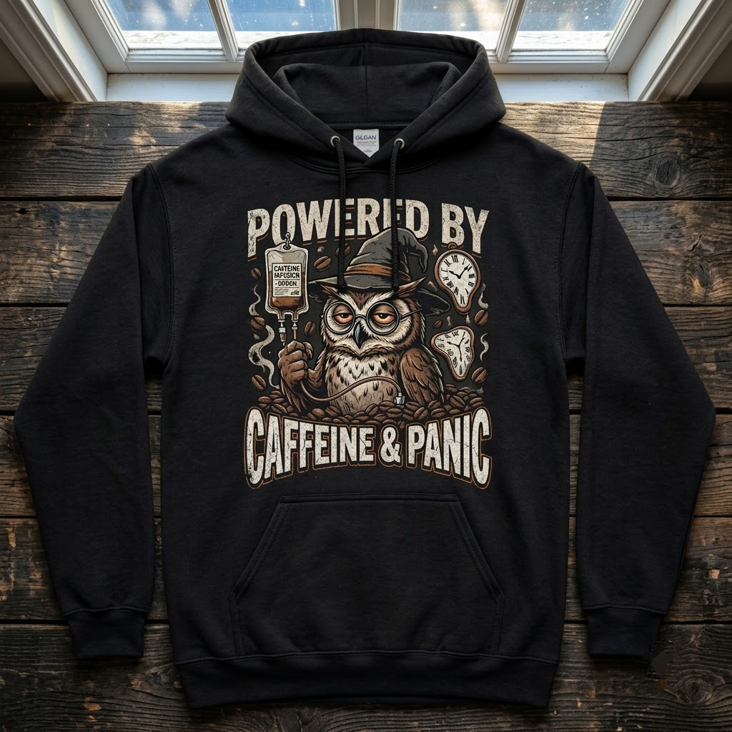 Powered By Caffeine And Panic Halloween Hoodie - Retro Night Owl Coffee Gothic Graphic Sweatshirt
