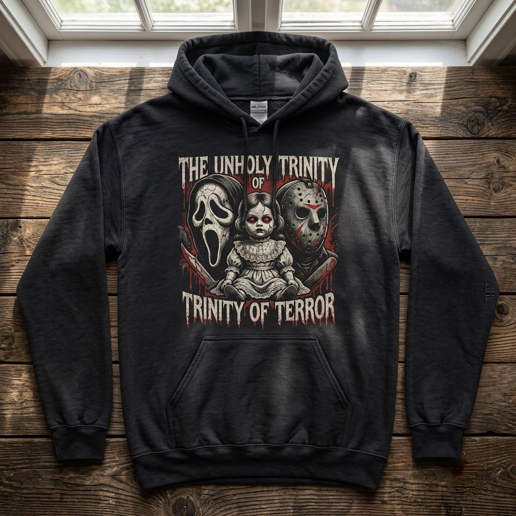 The Unholy Trinity Of Terror Ghostface Hockey Mask Haunted Doll Hoodie - 90s Retro Slasher Horror Graphic Sweatshirt