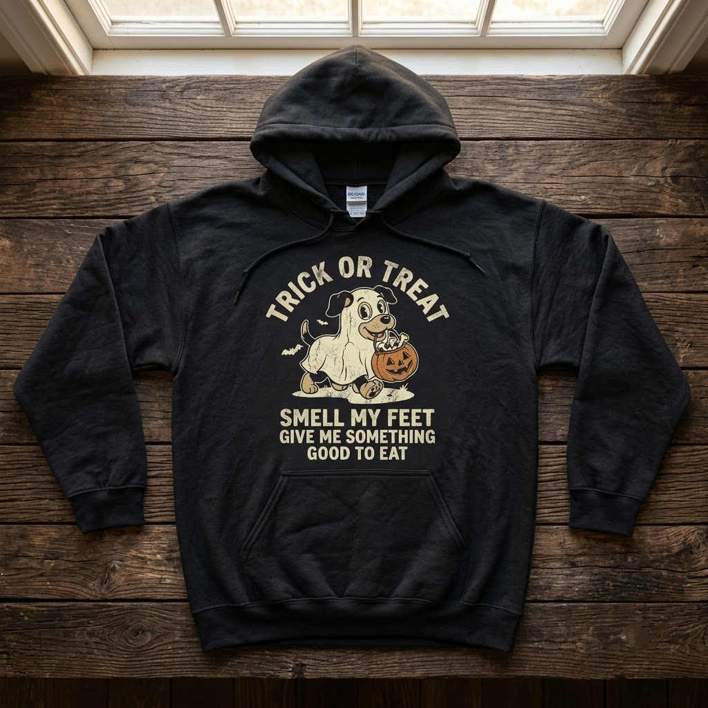 Trick Or Treat Give Me Bones Ghost Dog Halloween Hoodie - Vintage Rubber Hose Dog Mom Graphic Sweatshirt