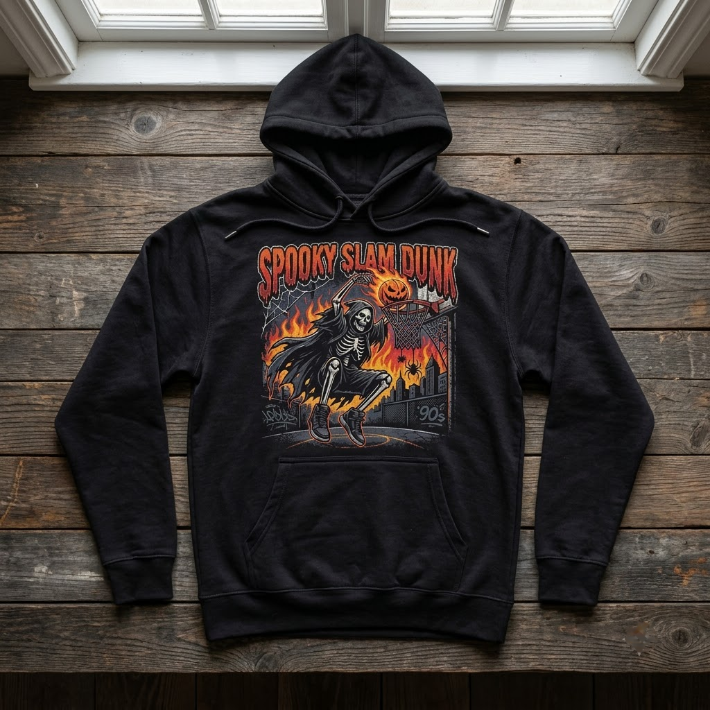 Spooky Slam Dunk Grim Reaper Basketball Halloween Hoodie - Retro Streetball Pumpkin Graphic Sweatshirt