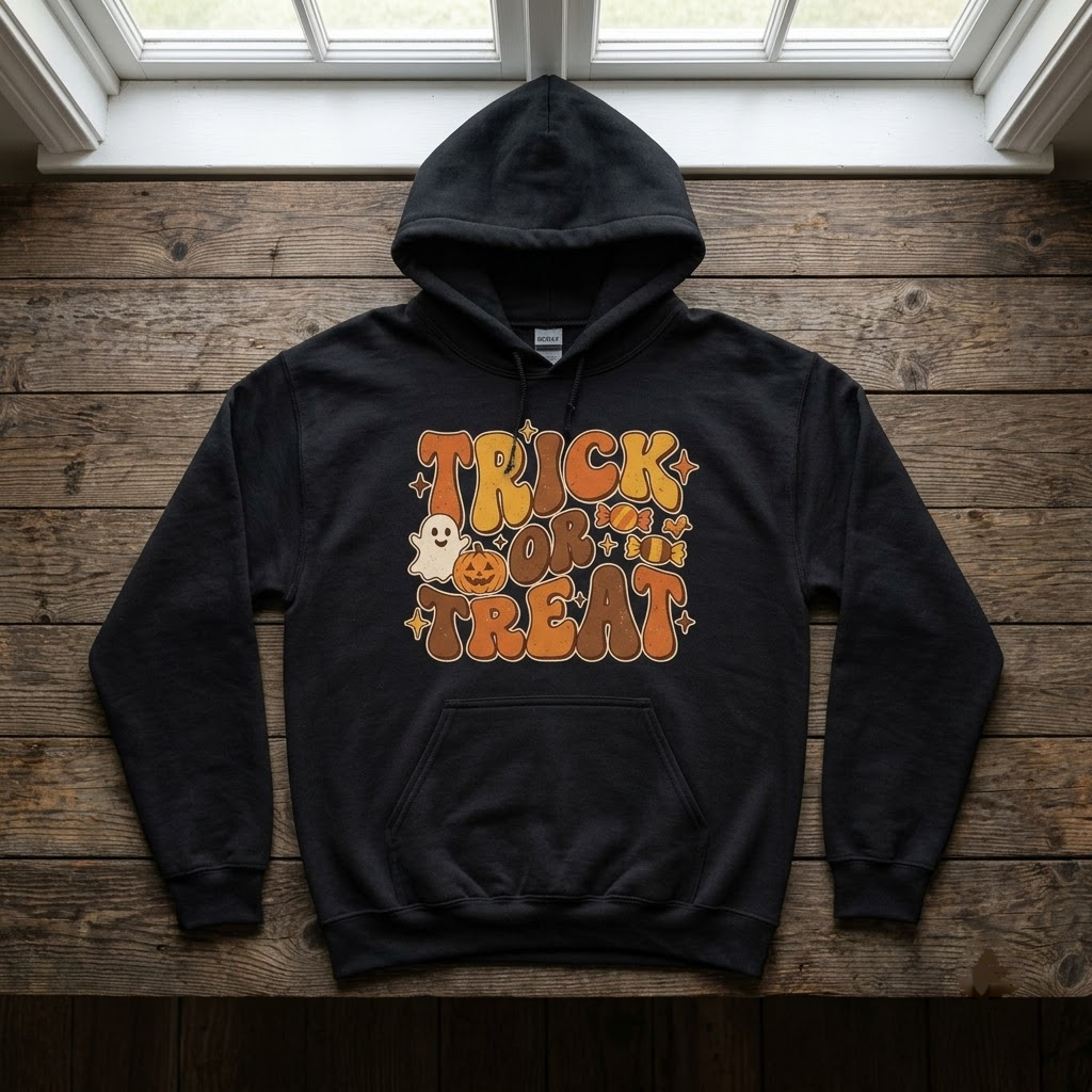 Vintage Rubber Hose Trick Or Treat Halloween Hoodie - 1930s Cartoon Spooky Icons Graphic Sweatshirt