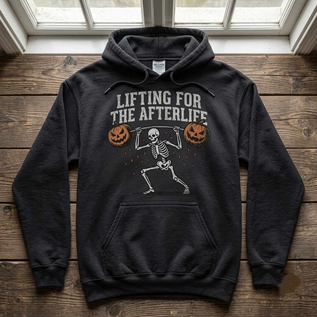 Lifting For The Afterlife Skeleton Gym Halloween Hoodie - Funny Fitness Weightlifting Graphic Sweatshirt