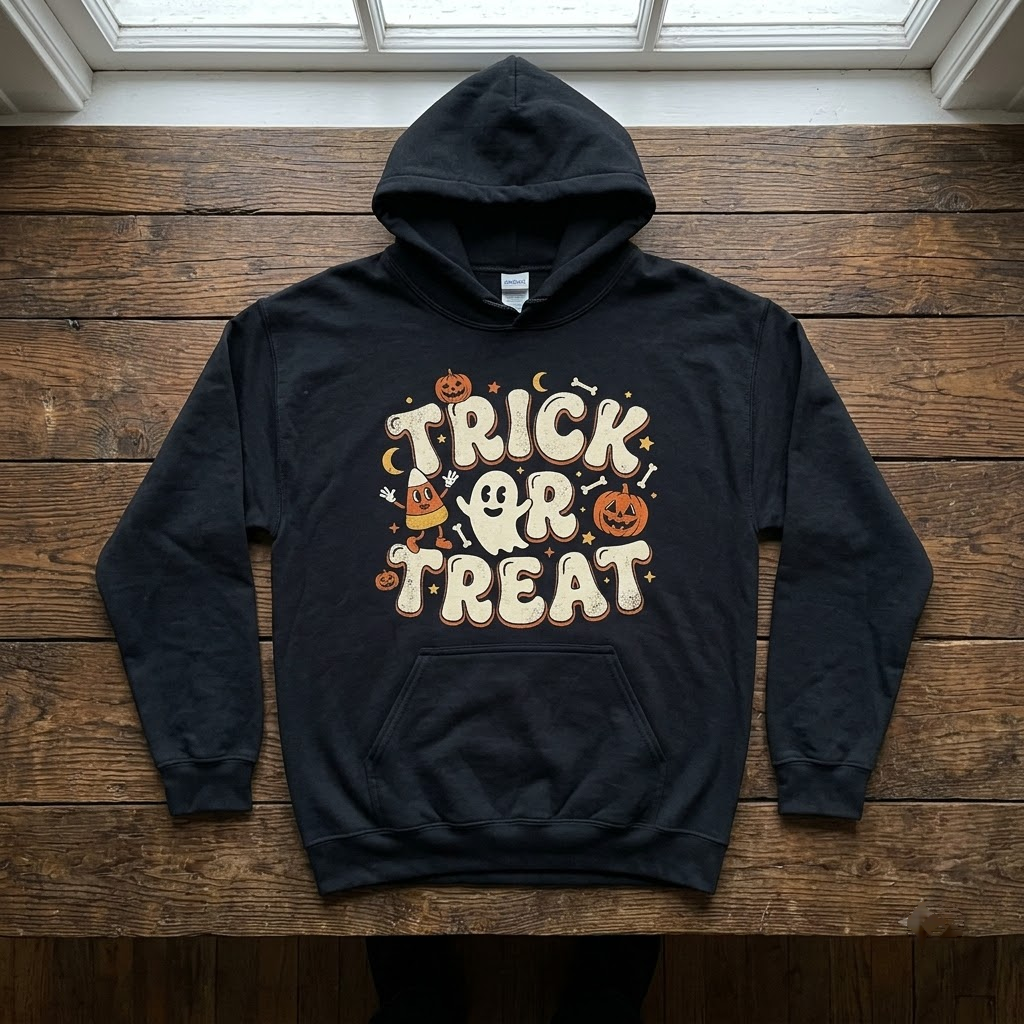 Vintage Collegiate Trick Or Treat Halloween Hoodie - Retro Athletic Varsity Spooky Icons Graphic Sweatshirt