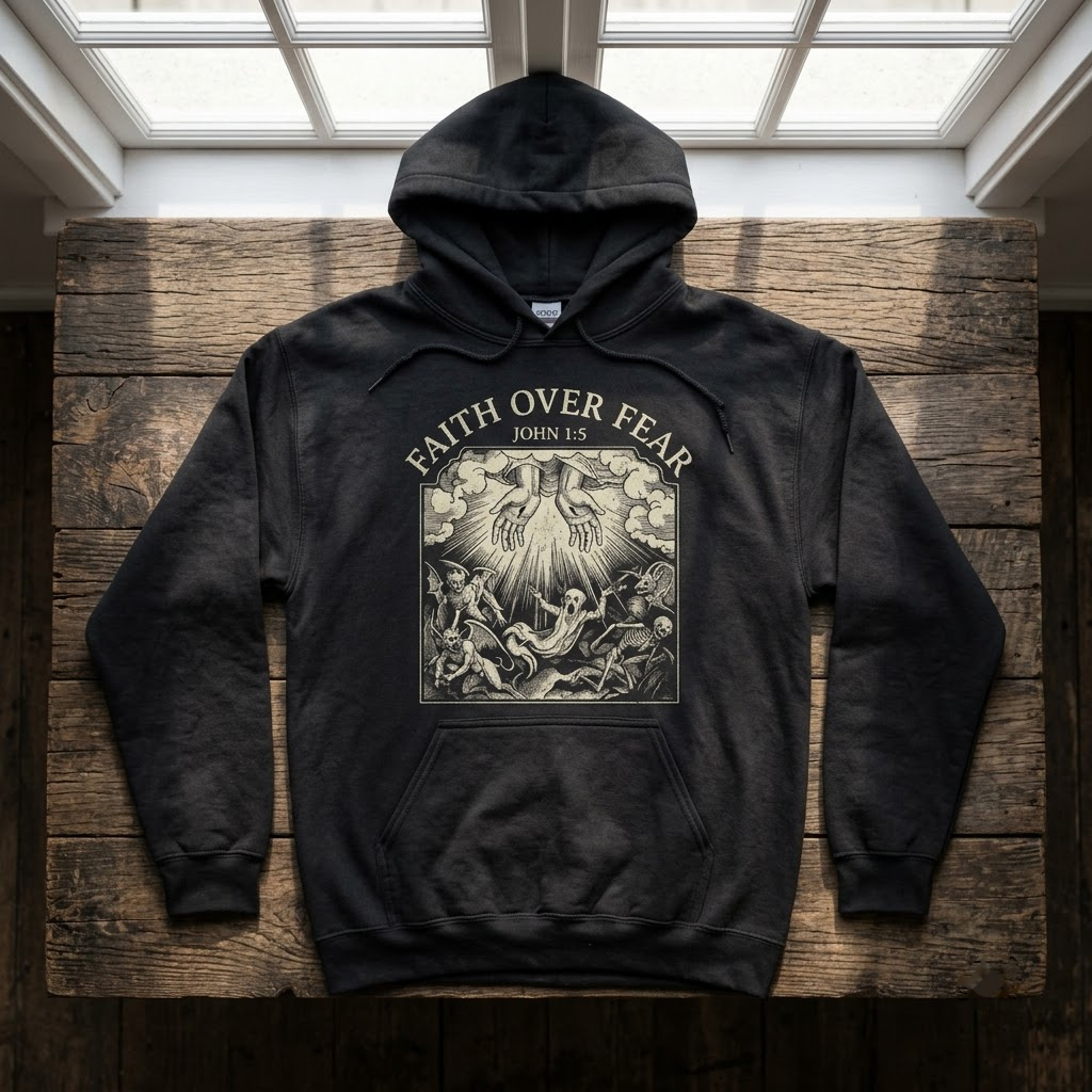 Faith Over Fear Jesus Halloween Hoodie - Medieval Dark Woodcut Christian Light Vs Demons Horror Graphic Sweatshirt